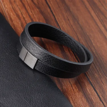 Fashion Braided Rope Wrap Black Leather Bracelets for Men Classic Style Stainless Steel Bangle Couple Charm Jewelry Gifts 3