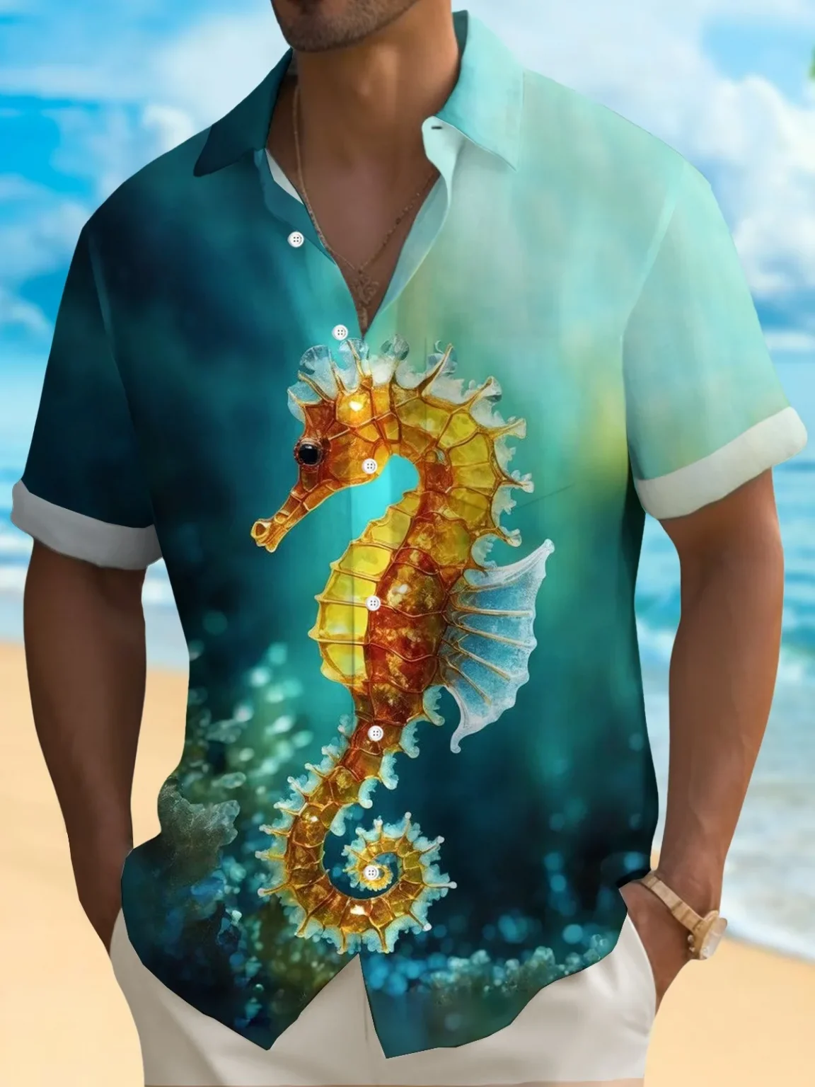 Summer Men's 3D Printed Marine Organism Graphic Shirt Hawaiian Casual Shirts Button Up Short Sleeve Shirts No Pocket 3