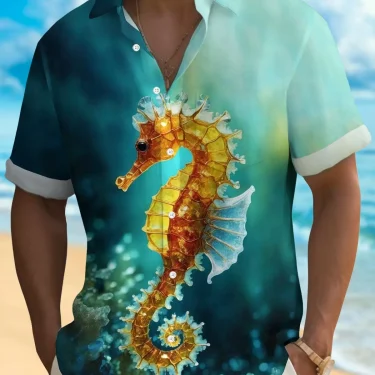Summer Men's 3D Printed Marine Organism Graphic Shirt Hawaiian Casual Shirts Button Up Short Sleeve Shirts No Pocket 3