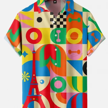 Mens Shirt Short Sleeve Geometric Print Button Down Shirt Summer Beach Shirt Camping Shirt Short Sleeve Mens Formal Shirt 2