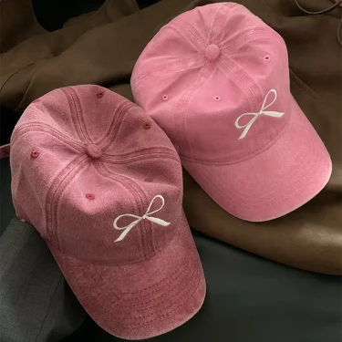 Pink Bow Baseball Cap for Women Y2K Korean Washed Denim Snapback Hat Summer Adjustable Embroidered Girls Dad Hats 1