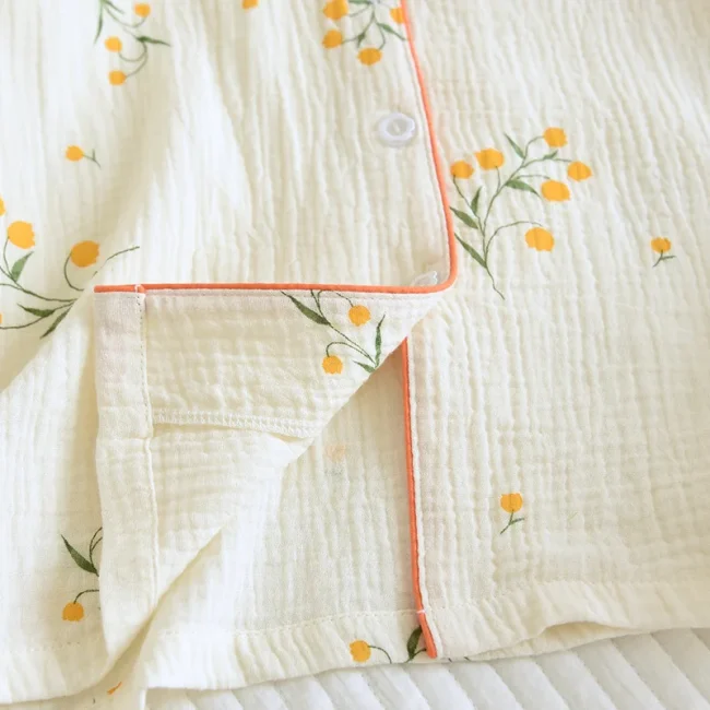 New summer women's cotton crepe three-piece short sleeve + shorts + trousers large size simple flower pajamas home service suit 6