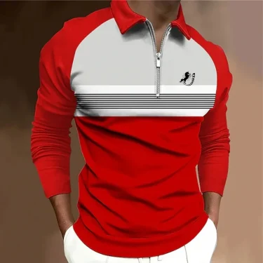 Striped Color Blocked Printed Fashionable Single Item Men's Long Sleeved Top T-shirt Autumn and Winter Men's Zipper Long Sleeved 5