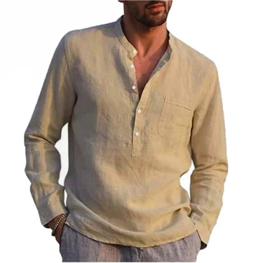 Cotton Line Hot Sale Men's Long-Sleeved Shirts Summer Solid Color Stand-Up Collar Casual Beach Style Plus Size 5