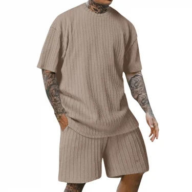 Men's new fashion summer sports solid color crew-neck vertical stripe T-shirt shorts short-sleeved suit 4