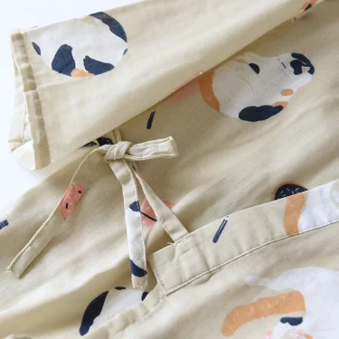 New Japanese-style kimono two-piece couple pajamas cover men and women pure cotton gauze cute kitten thin home service plus size 6