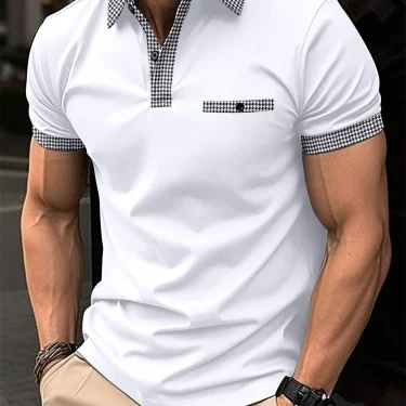 A simple solid-color short-sleeved men's casual sports POLO shirt with a checkered patchwork button lapel in summer 1