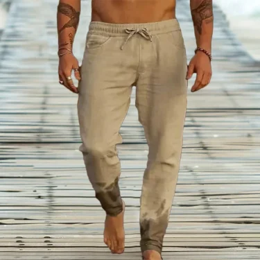 Men's Cotton Linen Casual Sweatpants Beach Pants Joggers Solid Drawstring Elastic Waist Pants Male Vacation Loose Straight Pants 4