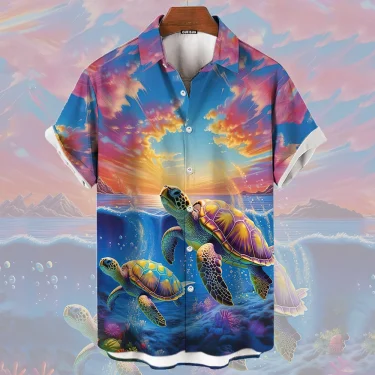 Turtle Print Short Sleeved Shirt Casual Design Harajuku men's Oversized Top Summer Fashion hip-hop Street men's Shirts 5