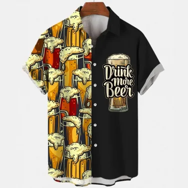 Beer Festival Harajuku Shirts For Men 3D Print Short Sleeve Tees Summer Hawaiian Beach Style Single-Breasted Tops Lapel 2