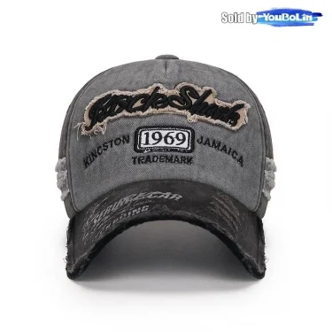 Ripped edge washed distressed baseball cap with embroidered numbers and five-panel sunshade cap 4