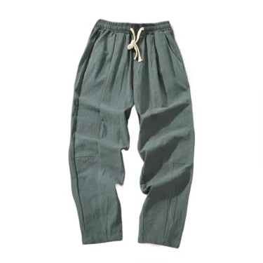 Summer Men Cotton Trousers Casual Solid Color Long Pants Breathable Drawstring Straight Streetwear Harem Pants Men Baggy Pants 5