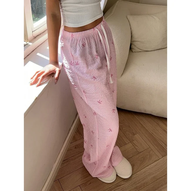 2025 Women Sweet Bow Striped Pants Casual Loose Elastic Waist Wide Leg Drawstring Long Trousers Summer Streetwear 4