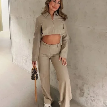 Casual Trousers Set Women Cotton Linen Lapel Zippers Crop Top Straight Pants Sets Lady Spring Autumn Solid Suit Woman Streetwear 3