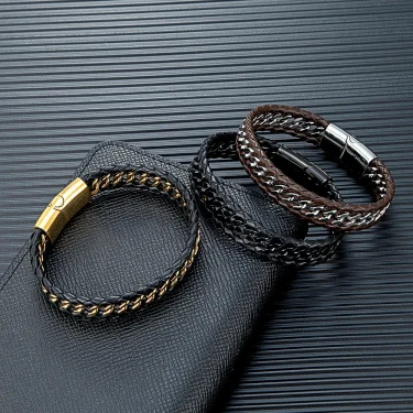 MKENDN Punk Men Braided Woven Black Leather Bracelets Black Stainless Steel Bangle for Friend Charm Fashion Jewelry Gifts 4