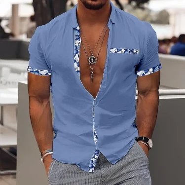 Fashionable Men's Hawaiian Shirt Casual Solid Color Printed Beach Pocket Short Sleeve Large Size 5XL New Style Multi 2