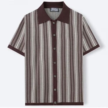 Summer New Men's Striped Jacquard Knitted Short-Sleeved Polo Shirt Contrast Color Casual Fashion Trend Simple Loose Men's Tops 6