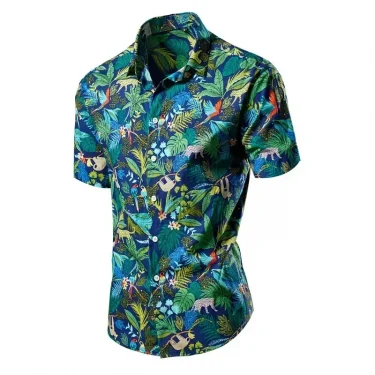 Green Men's Printed Short Sleeve Shirt, Summer Beach Casual Shirts, Single Breasted Lapel Camisa Chemise, Size M-8XL 2