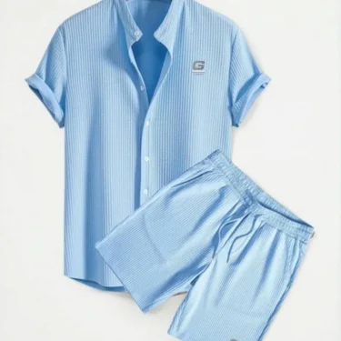 2025 Men's Casual Loose Multi-color Beachwear • Corduroy Short Sleeve Shorts Two-Piece Set • Han-style Collar Applique Top 1