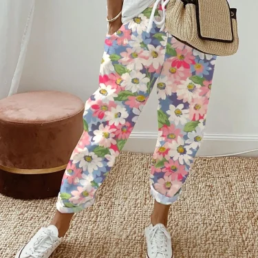 2025 Summer Women's New Drawstring Trousers Printed Elastic Waist Pants Boho Lace Trousers Set Women's Office Commuter Trousers 5