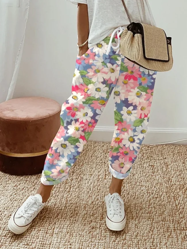 2025 Summer Women's New Drawstring Trousers Printed Elastic Waist Pants Boho Lace Trousers Set Women's Office Commuter Trousers 5