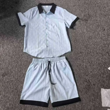 2025 Spring and summer new European and American fashion casual men's shirt color short-sleeved shorts beach suit 6