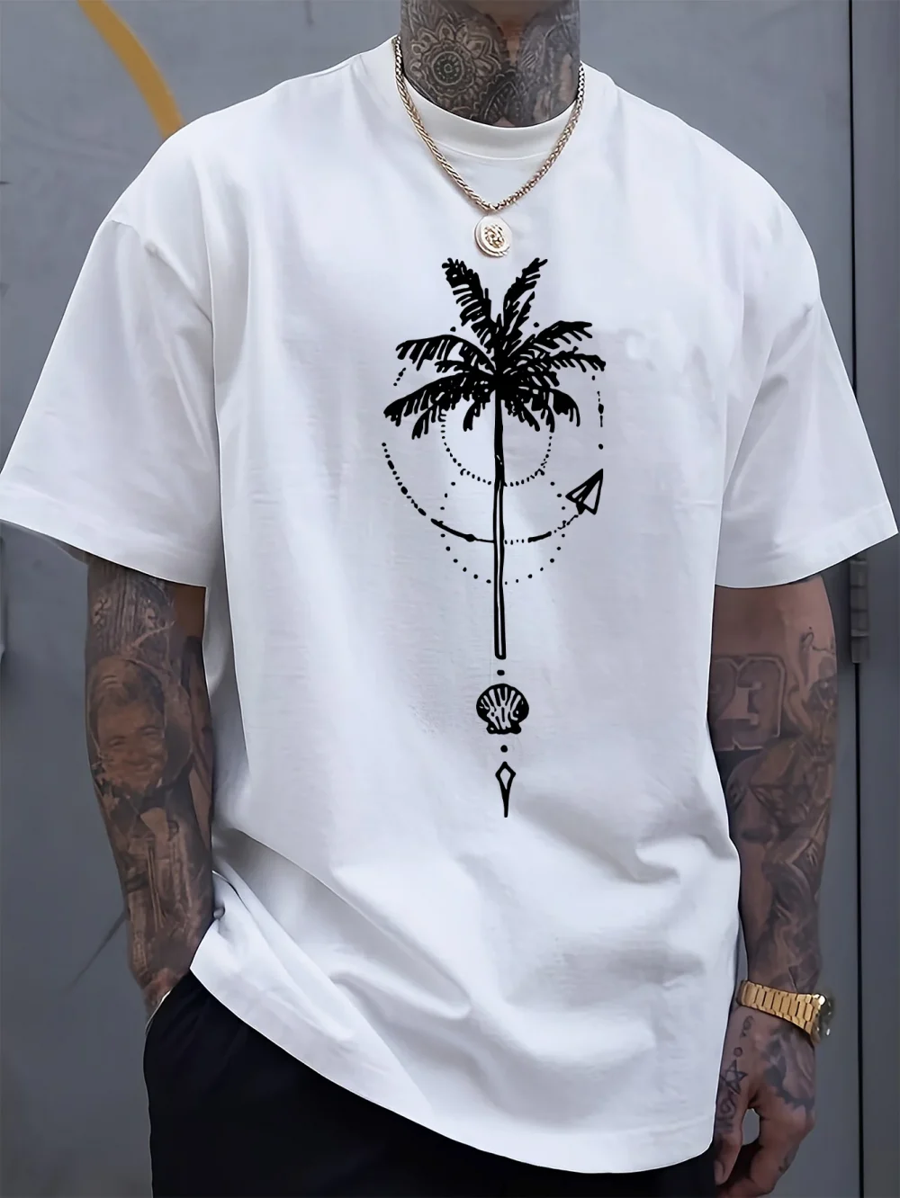 Men's summer 100 cotton fashionable sports casual loose coconut tree pattern printed round neck short sleeved T-shirt top 1