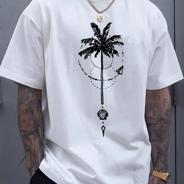 Men's summer 100 cotton fashionable sports casual loose coconut tree pattern printed round neck short sleeved T-shirt top 1
