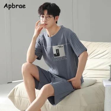 Summer Men Faux Cotton Pajamas Set Short Sleeves Shorts Sleepwear for Boy Big Size L-3XL Young Man Pijamas Pullover Homewear 4