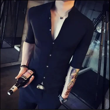 Men's Stand-up Collar Shirt Summer New Men's Fashion Slim Korean Half Sleeve High Quality Summer Short Sleeve Shirt 5