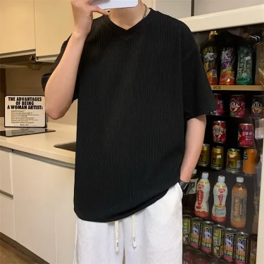 New Men's Casual and Fashionable V-neck Solid Color Short Sleeved T-shirt Breathable and Comfortable Summer Versatile Top 4