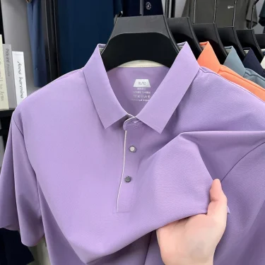 Light Luxury Fashion Silk Breathable Short Sleeved T-shirt Men's Lapel Top 2025 Summer New Korean Casual Seamless Polo Shirt 3