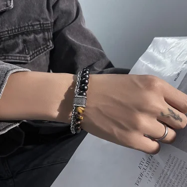 Natural Stone Tiger Eye Stainless Steel Chain OT Button Double Bead Bracelet For Men Hand Chain Accessories 2025 New 3