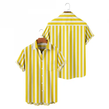 Casual Shirts for Men Yellow and White Stripe Print Shirts Short Sleeve Summer Beach Vacation Tops Breathable 1