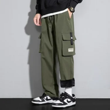 Cargo Pants Men Straight Fit Wide Leg Fleece Lined Trouser Male Winter Fashion Loose Baggy Large Plus Size Warm Streetwear 4