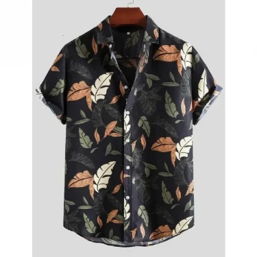 Hawaiian Beach Men's Short Sleeve Shirt with Plant Print Pattern Boy's Short Sleeve Lapel Casual Shirt Fashionable Tops 1