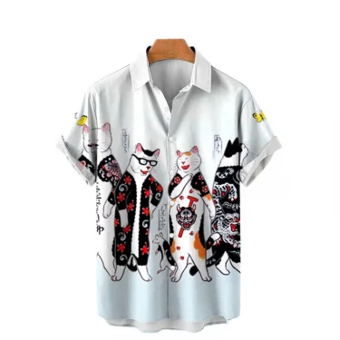 Men's Hawaiian Shirt Cat Printed Short Sleeve Tops Beach Vacation Sunset Harajuku Men's Clothing Casual Unisex Style Shirts 5