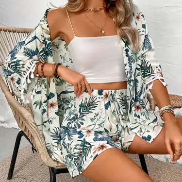 Two Piece Set For Women Outfits Open-front Cardigan Smock Flower Printed Beach Shorts Summer Suits Female Clothing Beachwear 3