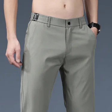 Summer Thin Ice Silk Stretch Men's Pants Business Casual Elastic Waist Smooth Trouser Suit Pants Male Brand Clothing 2
