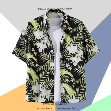 Men Street Fashion Summer Daily Shirt Hawaiian Cartoon Print Casual Loose Shirts Short Sleeve Beach Loose Tops 1