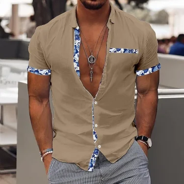Fashionable Men's Hawaiian Shirt Men's Casual Solid Color Printed Beach Pocket Shirt Short Sleeve Large Size 5XL New Style Multi 4