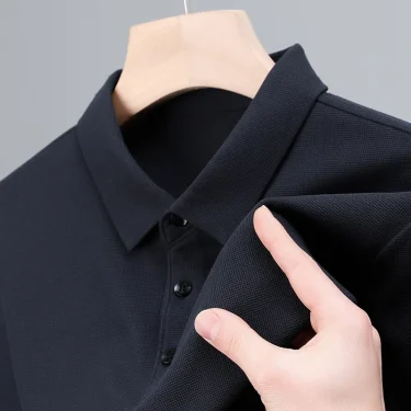 Men's Fashion Waffle Solid Long Sleeved Polo Shirt Summer Breathable Comfortable Top 4