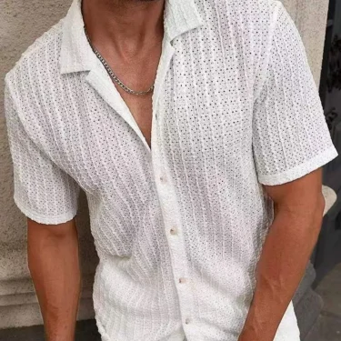 Summer's new fashionable and luxurious solid-color perforated breathable men's knitted short-sleeved shirt 1
