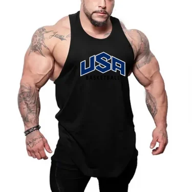 Usa Basketball Letter Logo Sleeveless Shirt Gym Bodybuilding Fitness Muscle Y-back Singlet Cotton Breathable Loose Men's Vests 3