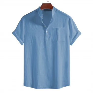 Men's summer pure cotton casual short-sleeved stand-up collar shirt, four-button solid color pullover for men 2