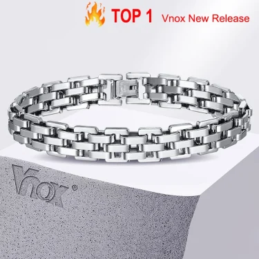 Vnox 11mm Watchband Shaped Chain Bracelet for Men Teens Boys,Strap Chain Bracelets, Black Silver Color Stainless Steel Wristband 1