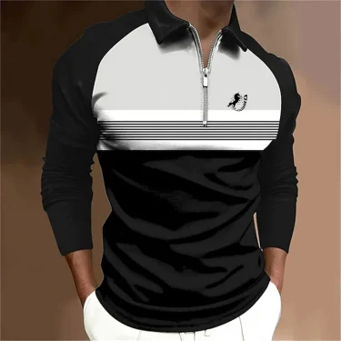 Striped Color Blocked Printed Fashionable Single Item Men's Long Sleeved Top T-shirt Autumn and Winter Men's Zipper Long Sleeved 3