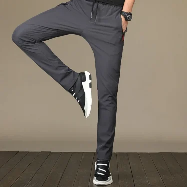 Ice Silk Men's Pants 2025 Summer New Black Gray Thin Business Casual Pants Outdoor Elastic Breathable Straight Leg Sweatpants 2