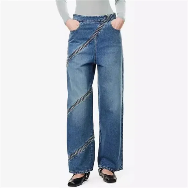 Women's jeans New retro pure cotton low waist straight leg pants for summer 2025 Asymmetric zipper decoration women's pants y2k 1