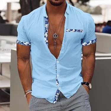 Fashionable Men's Hawaiian Shirt Casual Solid Color Printed Beach Pocket Short Sleeve Large Size 5XL New Style Multi 5